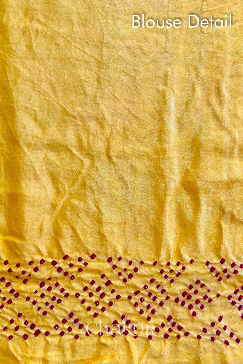 Chakor Yellow Red Traditional Bandhani Gaji Silk Saree Unstitched Blouse Detail