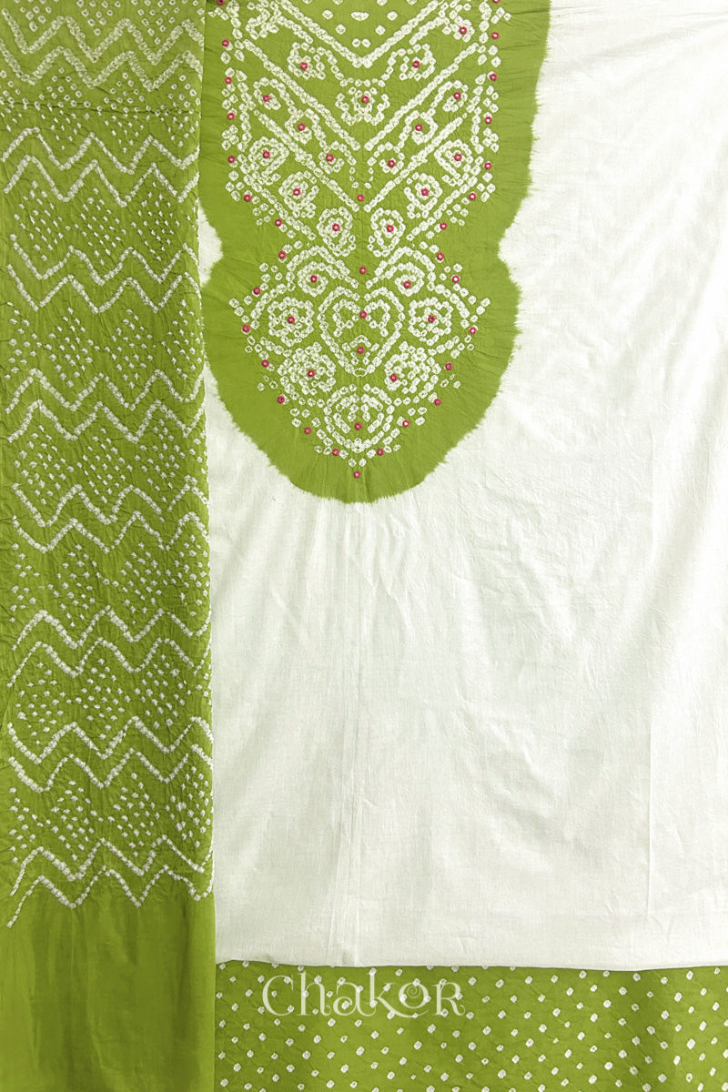 A Lime- white kurta set fabric with intricate bandhani & mirror embroidery, paired with a Lime bottom & odhani featuring a zigzag design.