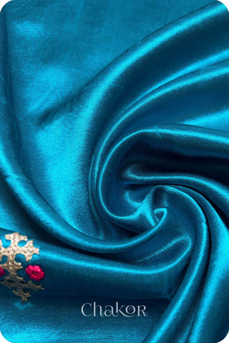 Peacock Blue Mashru Embroidered Blouse Fabric