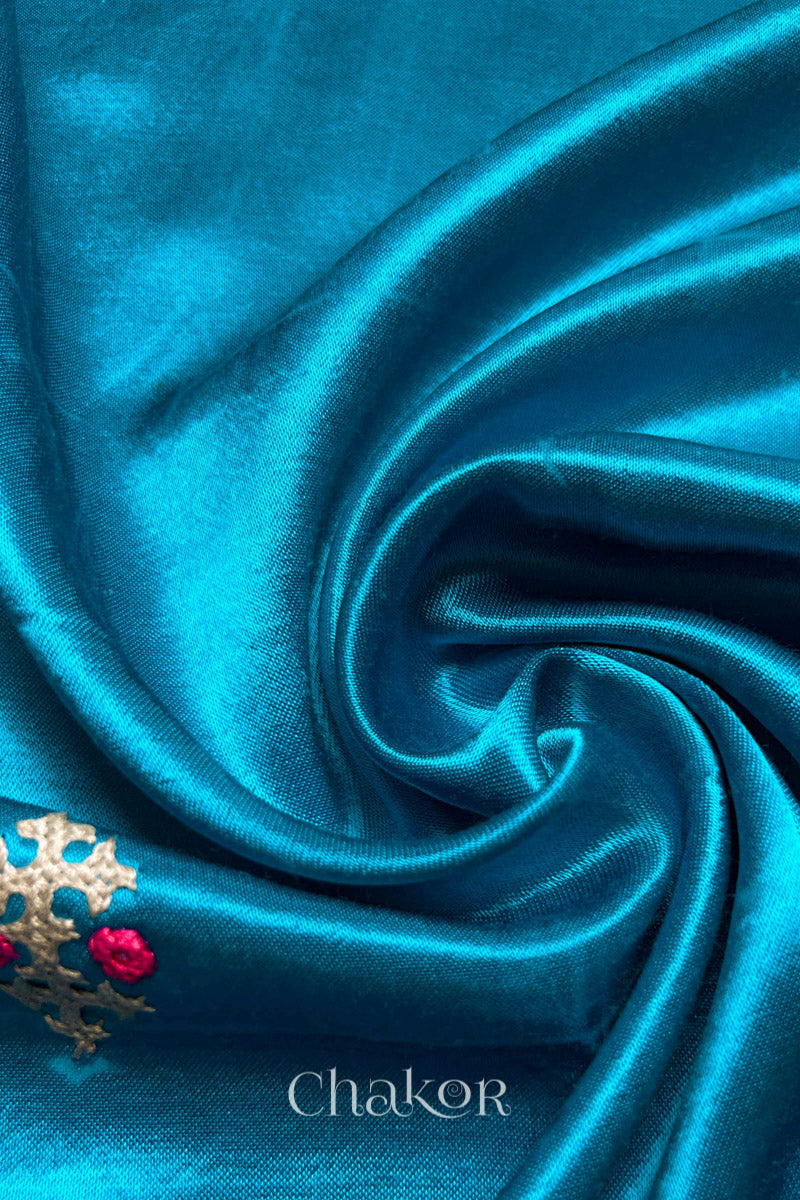 Peacock Blue Mashru Embroidered Blouse Fabric