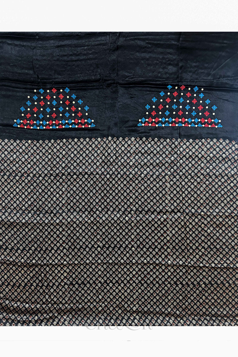 Natural dyed black Ajrakh printed Mashru silk-cotton blouse material with Traditional Kutch hand embroidery and mirror work for sleeves.