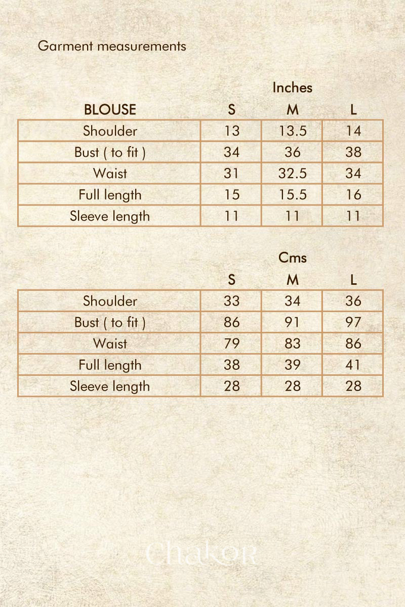 Size chart - handcrafted black bandhani cotton blouse in traditional patterns with mirror embroidery.