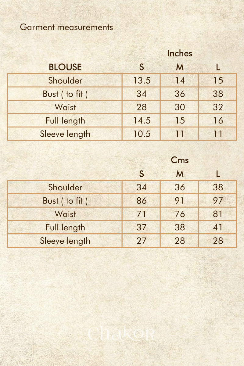 Size chart - handcrafted green Mashru Silk Blouse with mukaish embroidery.