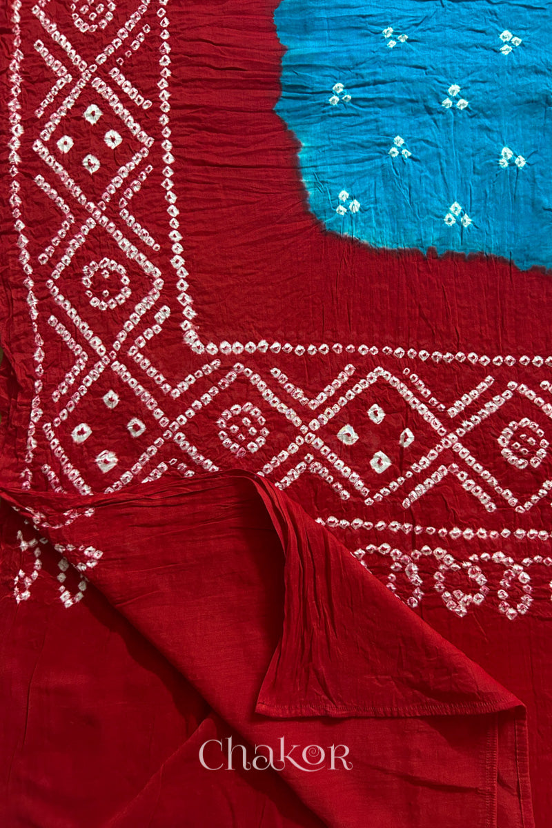 Turquoise Red Bandhani Mul Cotton Dupatta | Kutch Tie-Dye
