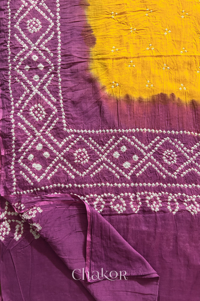 Yellow Mauve Bandhani Mul Cotton Dupatta | Kutch Tie-Dye