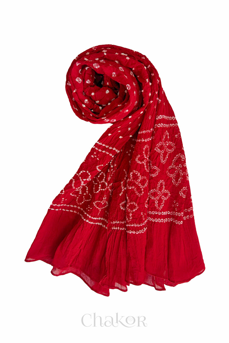 Red Bandhani Mul Cotton Dupatta | Handmade Bandhej from Kutch