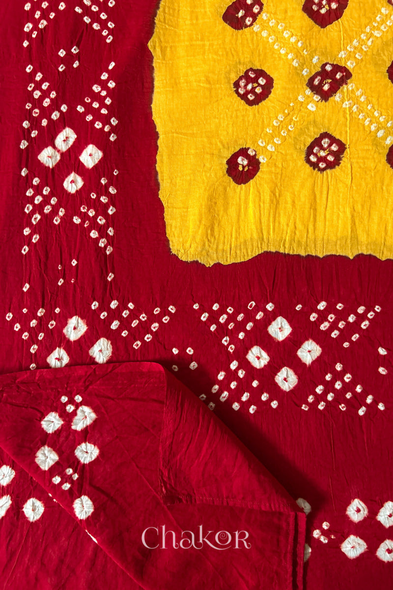 Yellow Red Bandhani Mul Cotton Dupatta | Kutch Tie-Dye