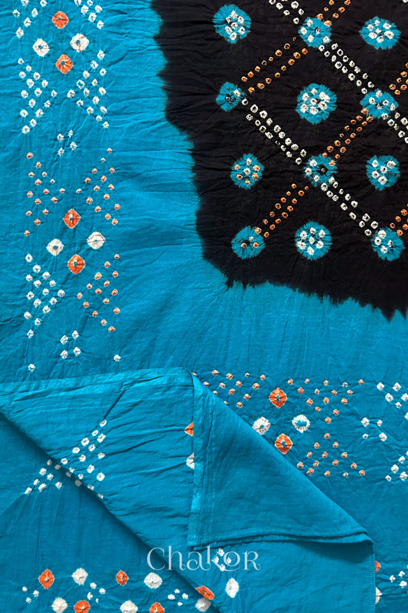 Black Turquoise Bandhani Mul Cotton Dupatta | Kutch Tie-Dye