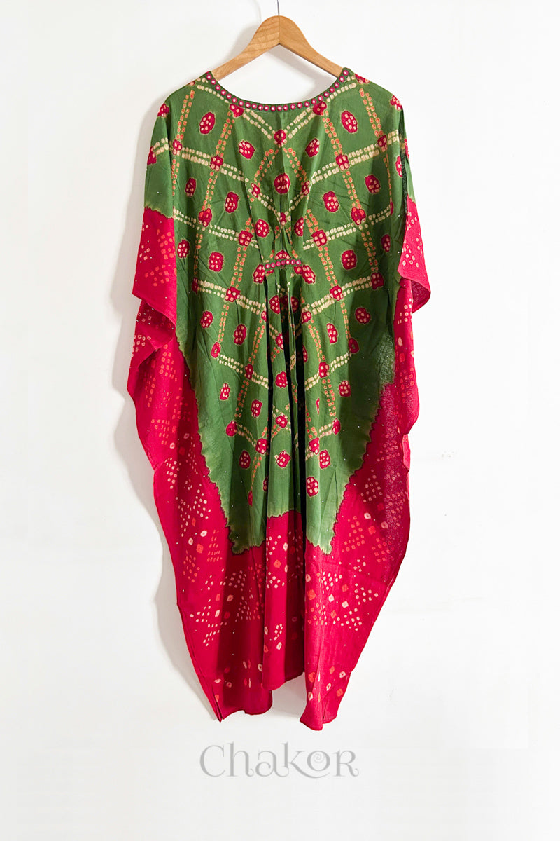 Handcrafted Kutch bandhani women's kaftan hanging full length in mulmul cotton with mirror work, loose fit for summer.