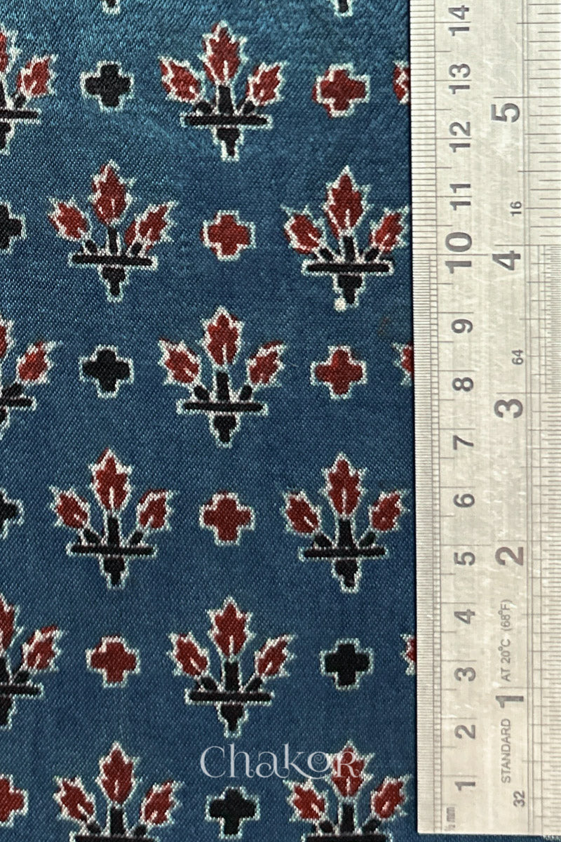 Indigo Ajrakh Printed Mashru Kurta Fabric - 3 mtr