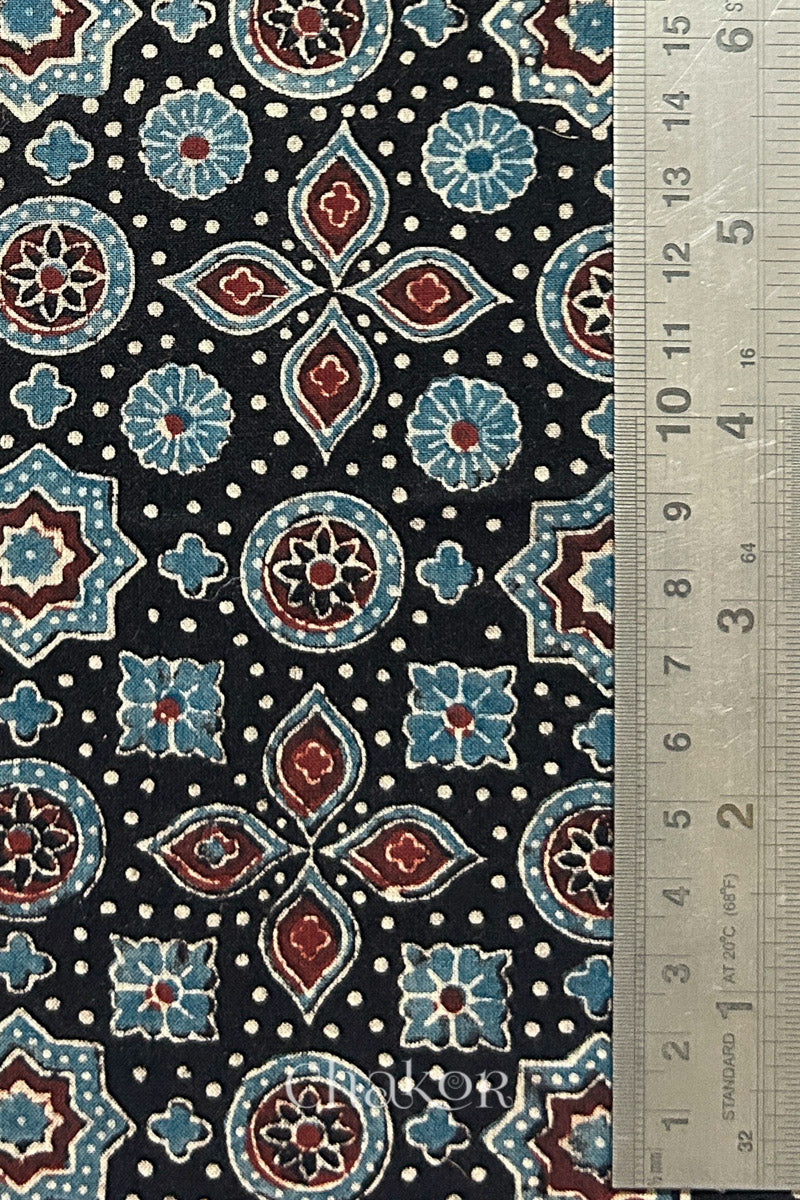 Natural Black Ajrakh Printed Cotton Blouse Fabric - 1 meter