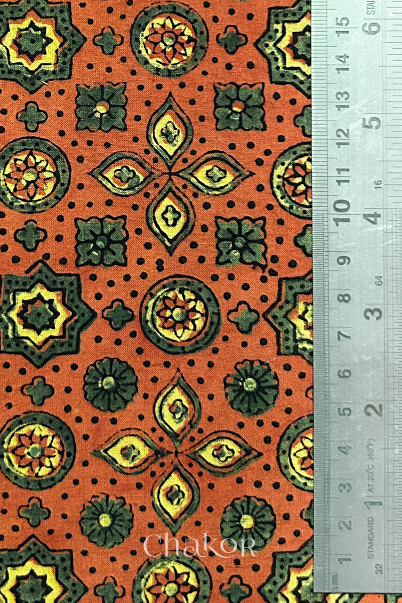 Rusty Orange Ajrakh Printed Cotton Kurta Fabric - 3 mtr