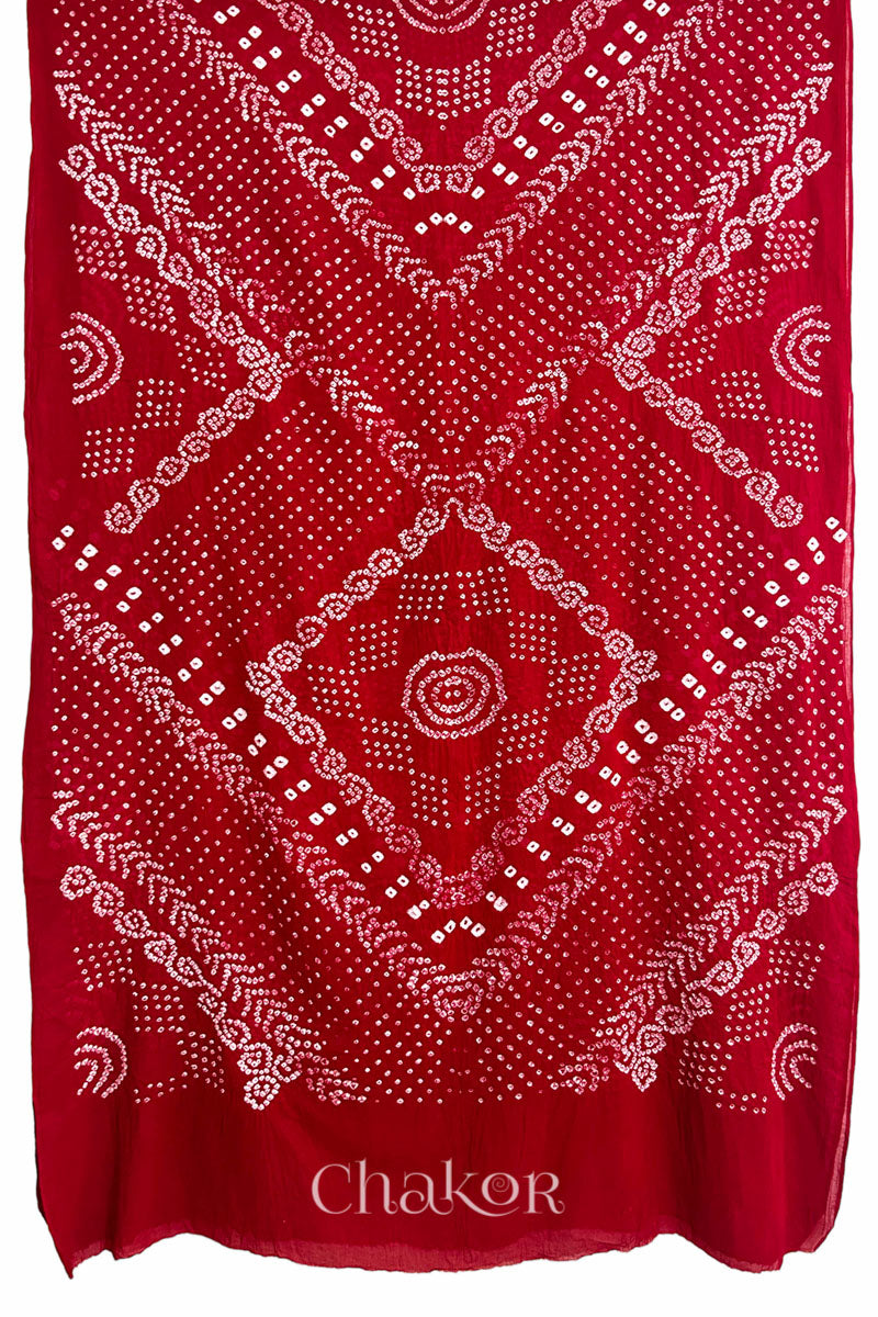 Full View of Tridev Mulmul Cotton Red Saree with Handcrafted Bandhani – The Chakor Shop.