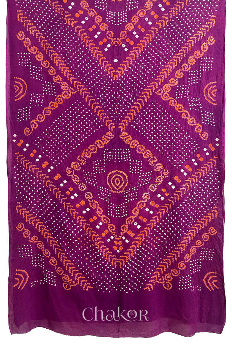 Full View: Handmade Bandhani Cotton Saree with Soft Orange and White Dots in Lovely Magenta Pink by Chakor.