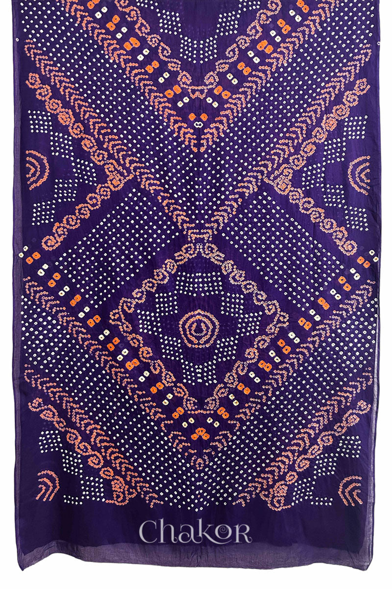 Full View of Tridev Mulmul Cotton purple saree with handcrafted Bandhani – The Chakor Shop.