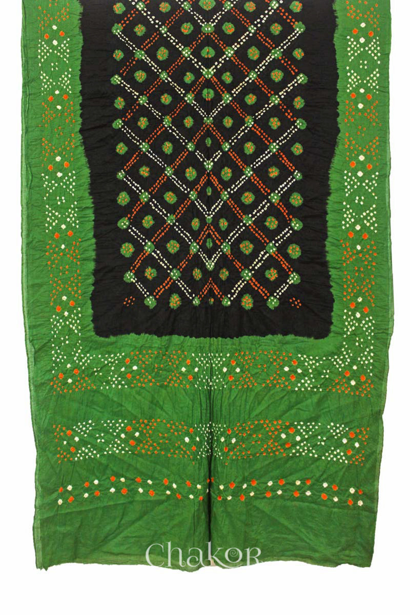Traditional Black Mehendi Bandhani Mul Cotton Saree by Chakor.