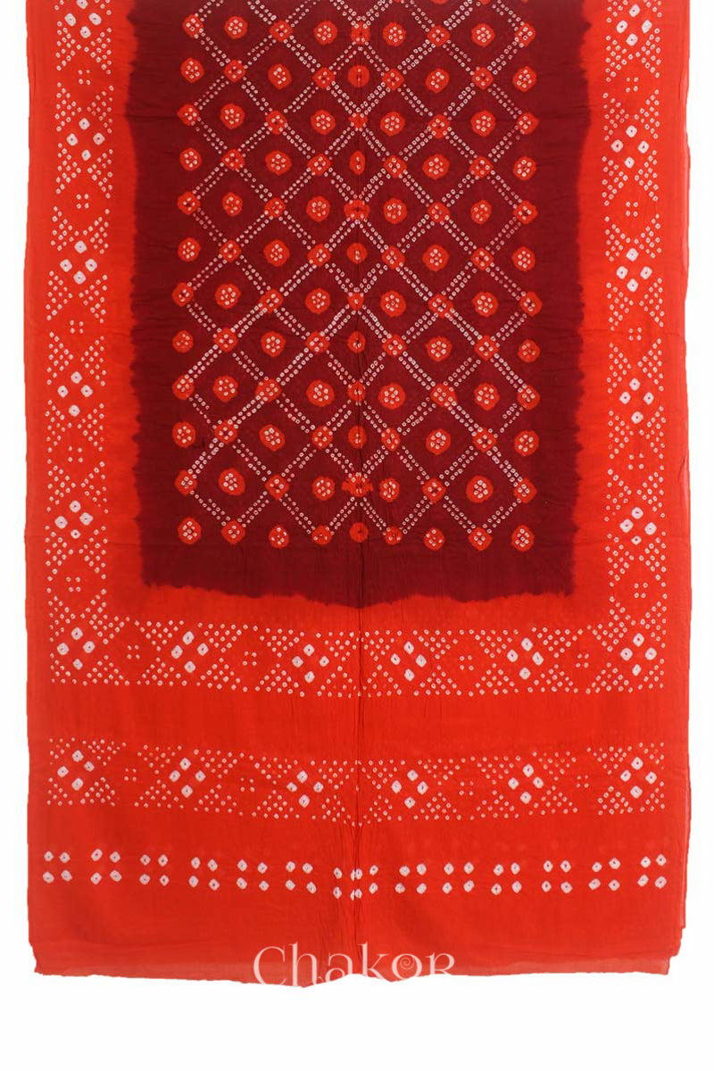Traditional Maroon Orange Bandhani Mul Cotton Saree by Chakor.