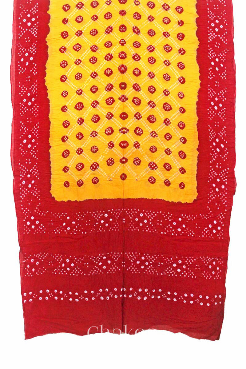 Traditional Yellow Red Bandhani Mul Cotton Saree by Chakor.