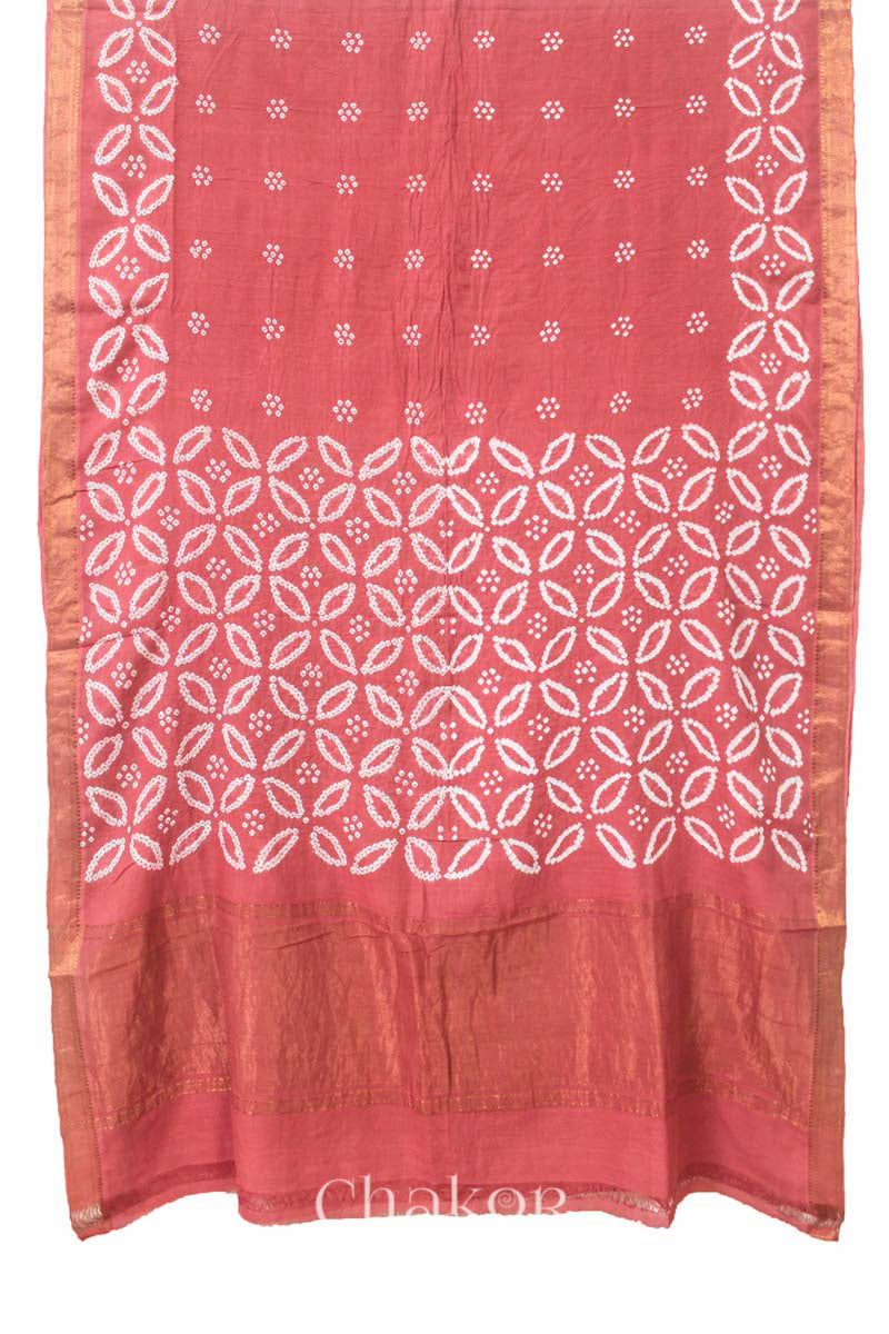 Dusty Red Traditional Bandhani Mangalgiri Cotton Saree with zari border and pallu by Chakor.