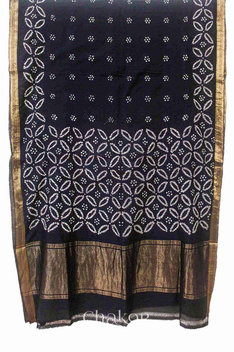 Black Bandhani Mangalgiri Cotton Saree with zari border and pallu by Chakor.