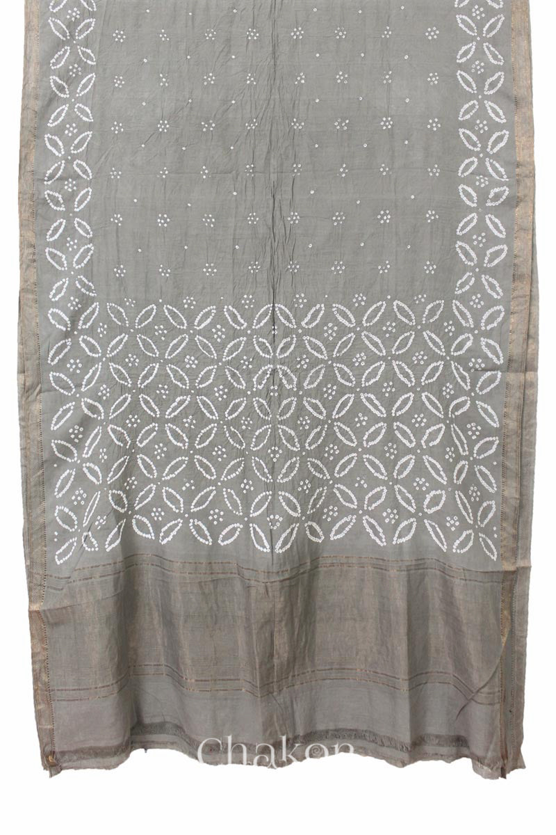 Cement Grey Traditional Bandhani Mangalgiri Cotton Saree with zari border and pallu by Chakor.