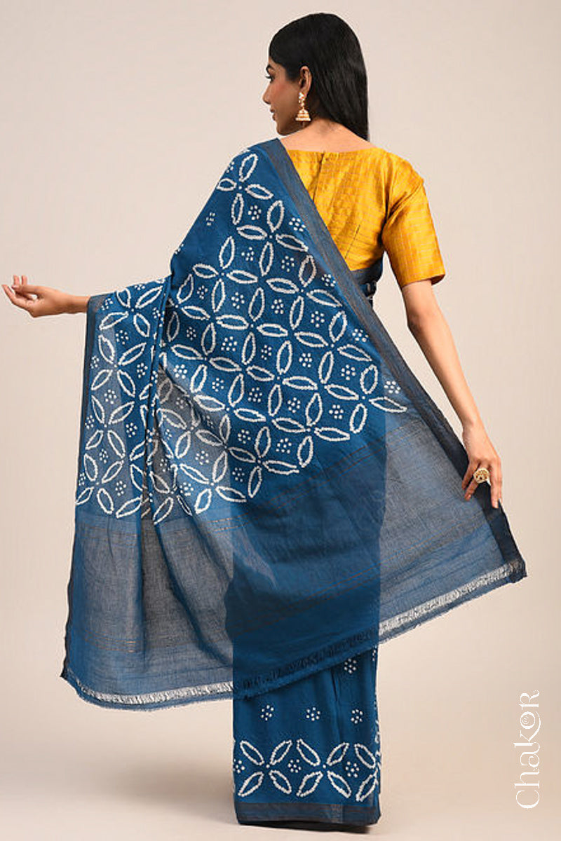 Indigo Blue Traditional Bandhani Mangalgiri Cotton Saree with zari border and pallu by Chakor.