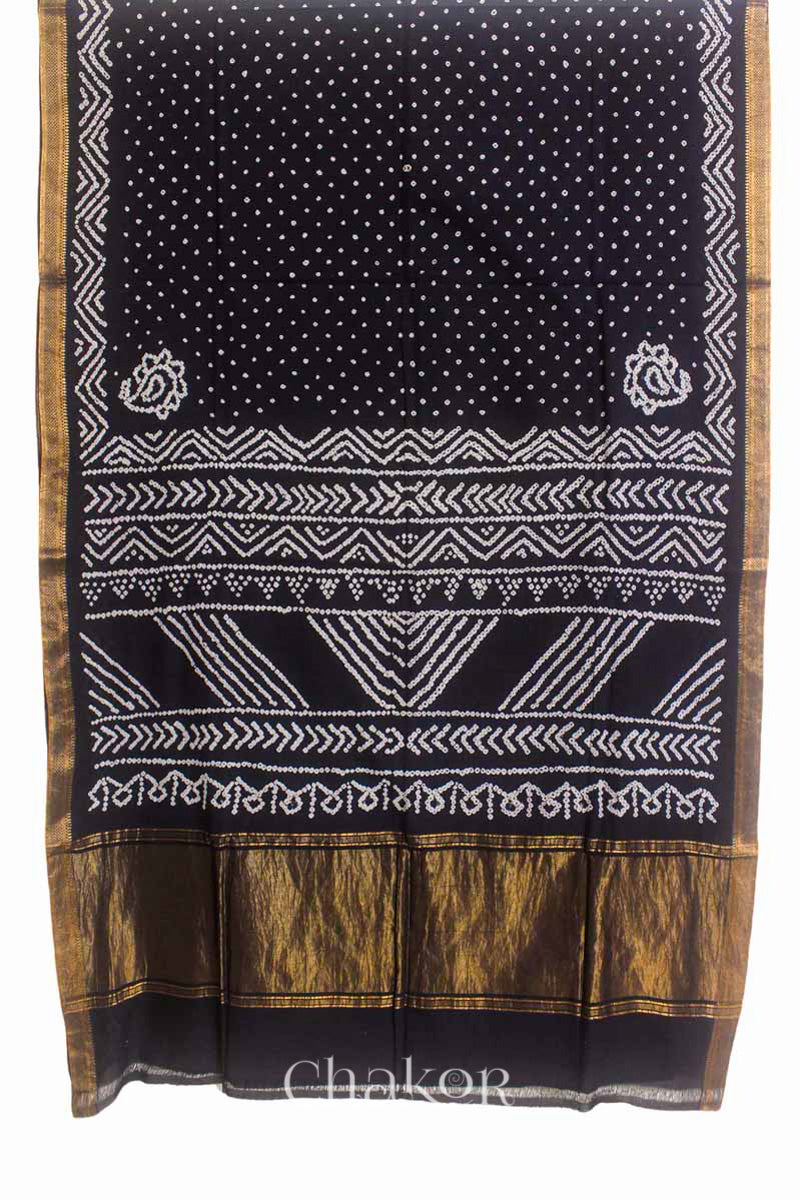 Black Bandhani Mangalgiri Cotton Saree with zari border and pallu by Chakor.