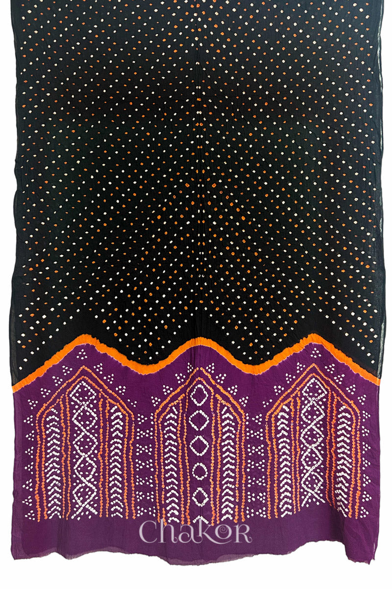 Full view of Black and Magenta Bandhani Mul Cotton Saree featuring multicoloured bandhej patterns.