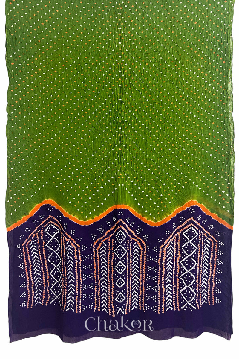 Full view of Mehendi Green and Purple Bandhani Mul Cotton Saree featuring multicoloured bandhej patterns.