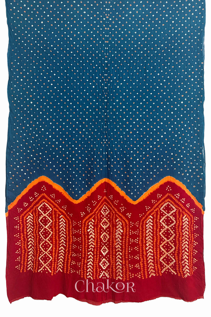 Full view of Indigo and Red Bandhani Mul Cotton Saree featuring multicoloured bandhani patterns.