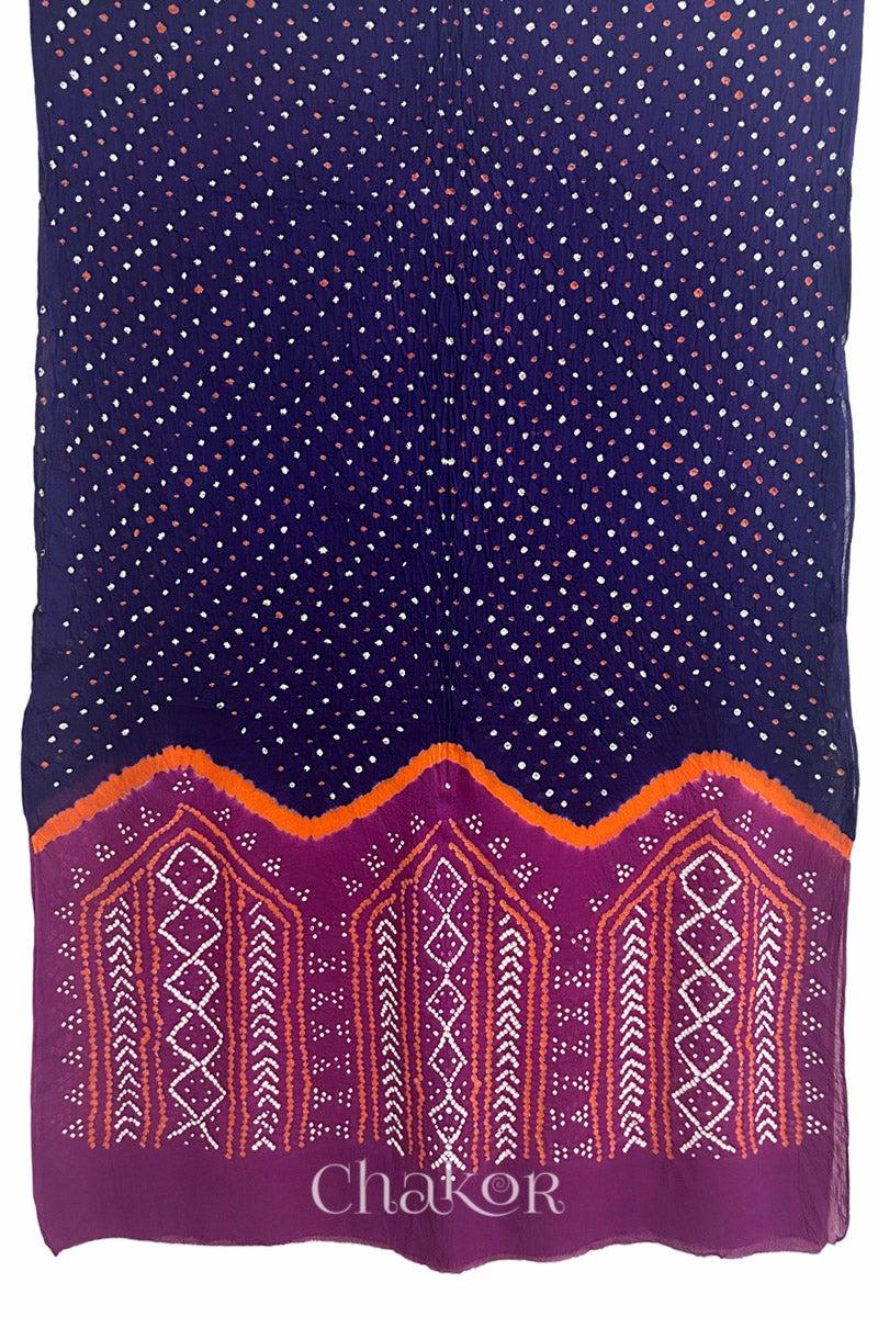 Full view of Purple and Magenta Bandhani Mul Cotton Saree featuring multicoloured bandhani patterns.