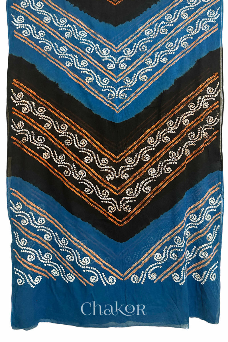 Full view of Indigo and Black Bandhani Mul Cotton Saree featuring multicoloured bandhani patterns.