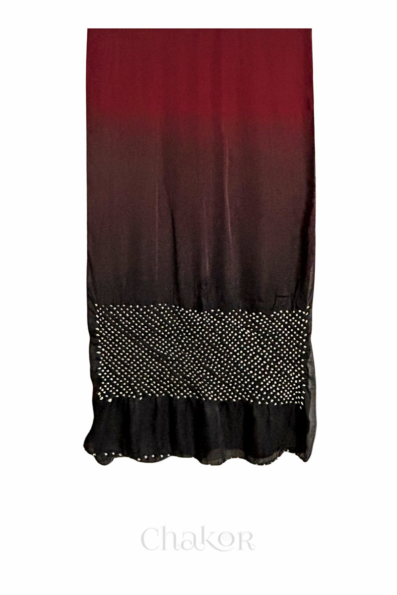 Full view of bandhani stole featuring ombre dyeing in maroon & black and lustrous texture of modal fabric with 'Chakor' branding.