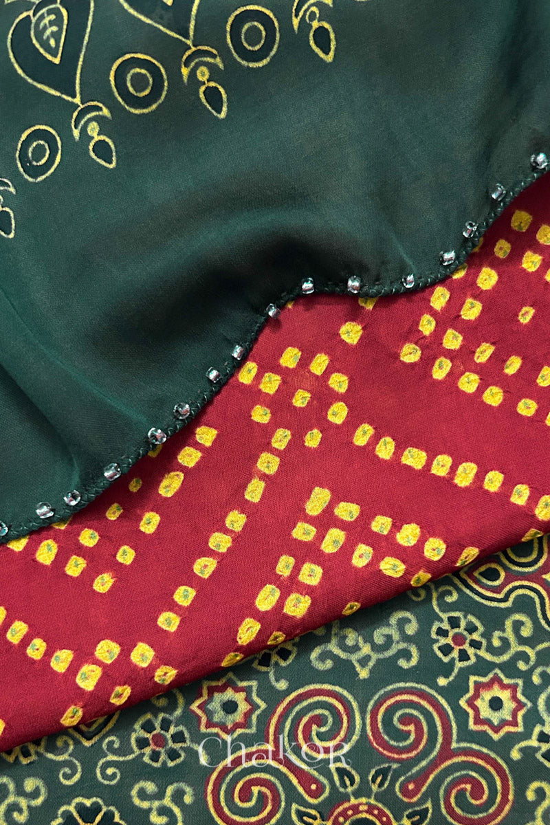 Red Bandhani and Green Ajrakh combination modal stole with glass bead edging detail on pallu end.