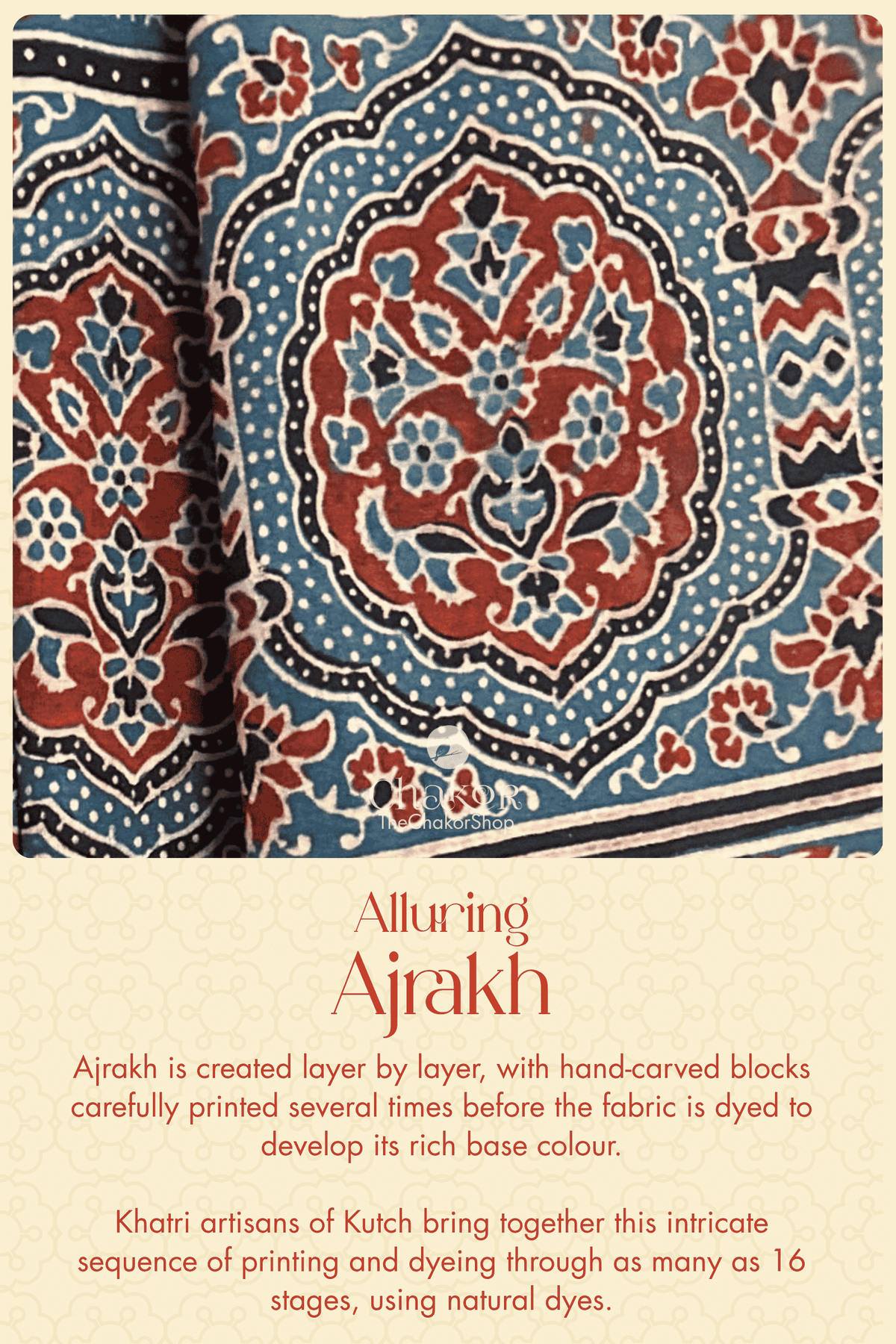 Close-up of indigo, madder red, offwhite and black Ajrakh with intricate hand-block-printed motifs created through multiple stages of printing and dyeing.