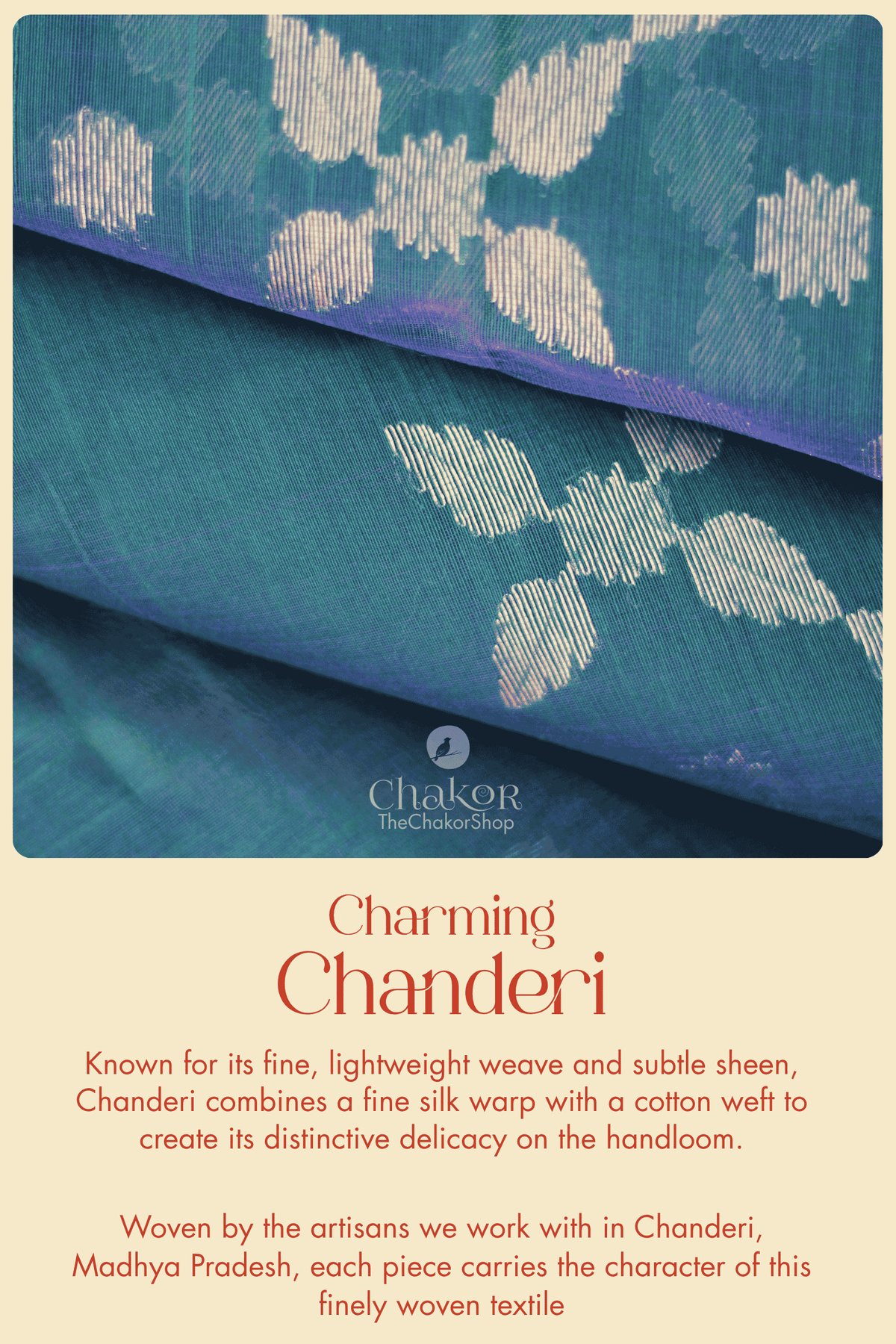 Close-up of teal blue Chanderi with fine silk warp, cotton weft and delicate woven floral motifs.