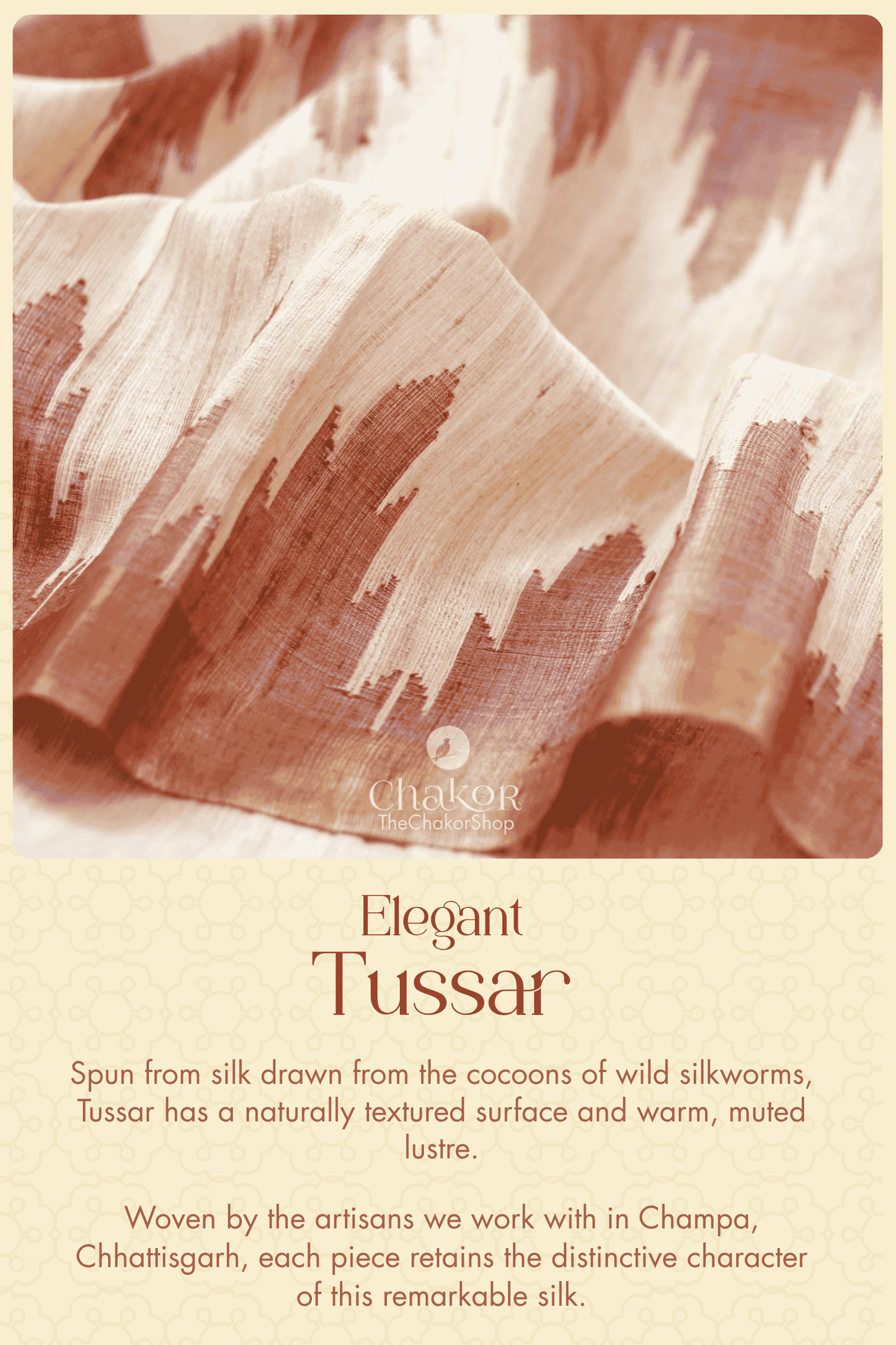 Close-up of beige and muted reddish-brown Tussar silk with its naturally textured surface and warm, muted lustre.