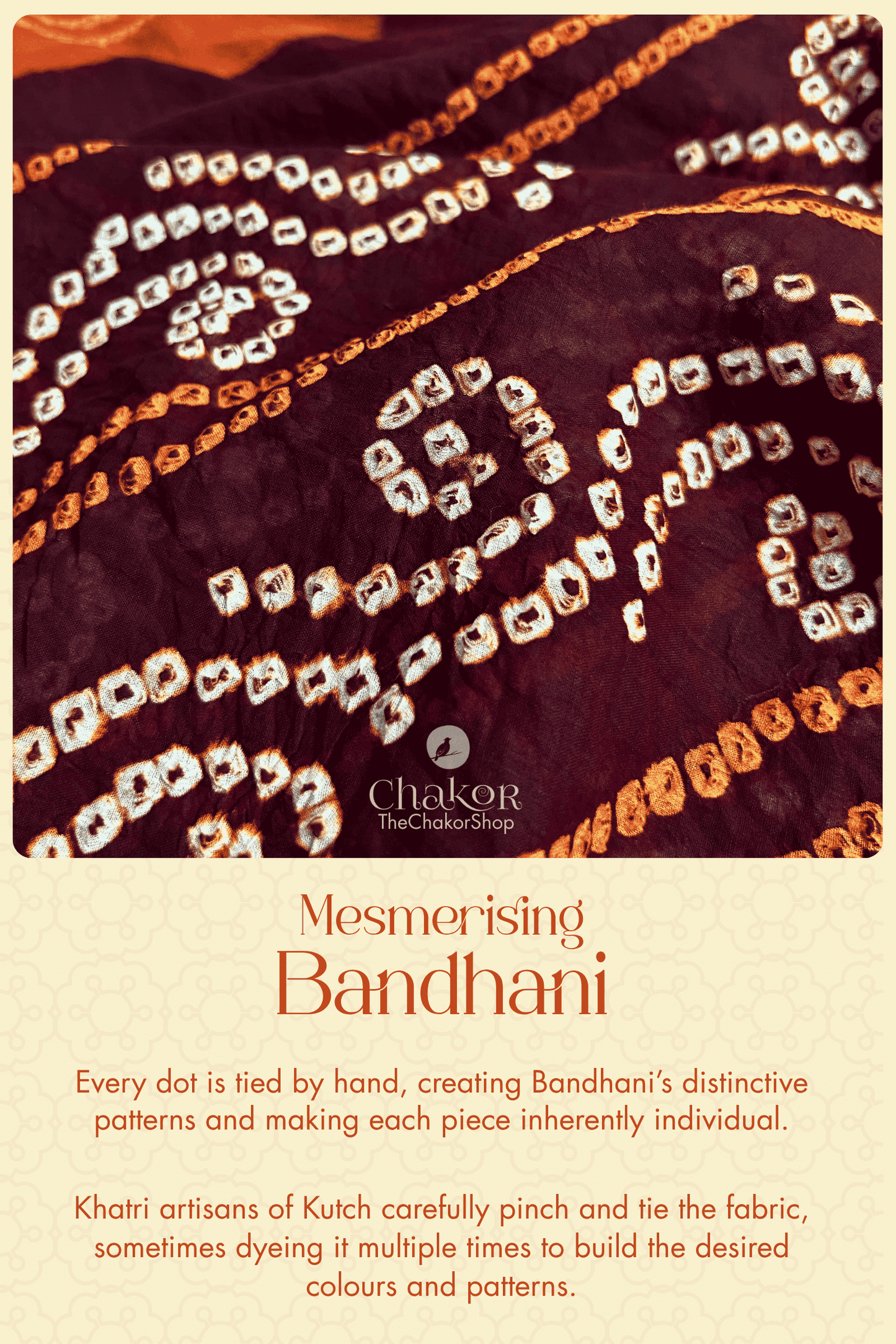 Close-up of dark maroon cotton Bandhani with orange and white hand-tied motifs, illustrating the intricate tying technique of Kutch Bandhani.