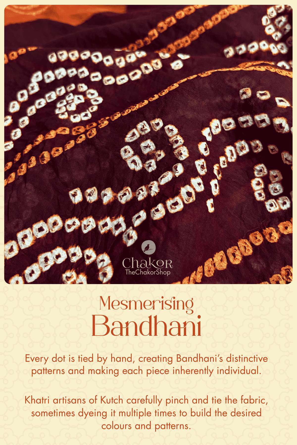 Close-up of dark maroon cotton Bandhani with orange and white hand-tied motifs, illustrating the intricate tying technique of Kutch Bandhani.