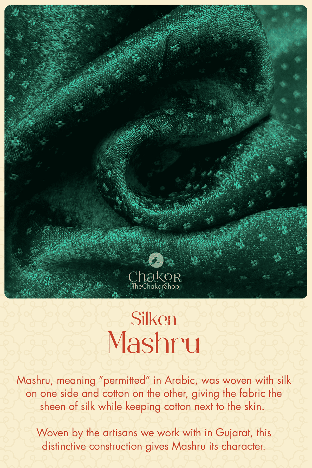 Close-up of green Mashru showing its lustrous silk face and contrasting cotton underside, revealing its distinctive two-sided construction.