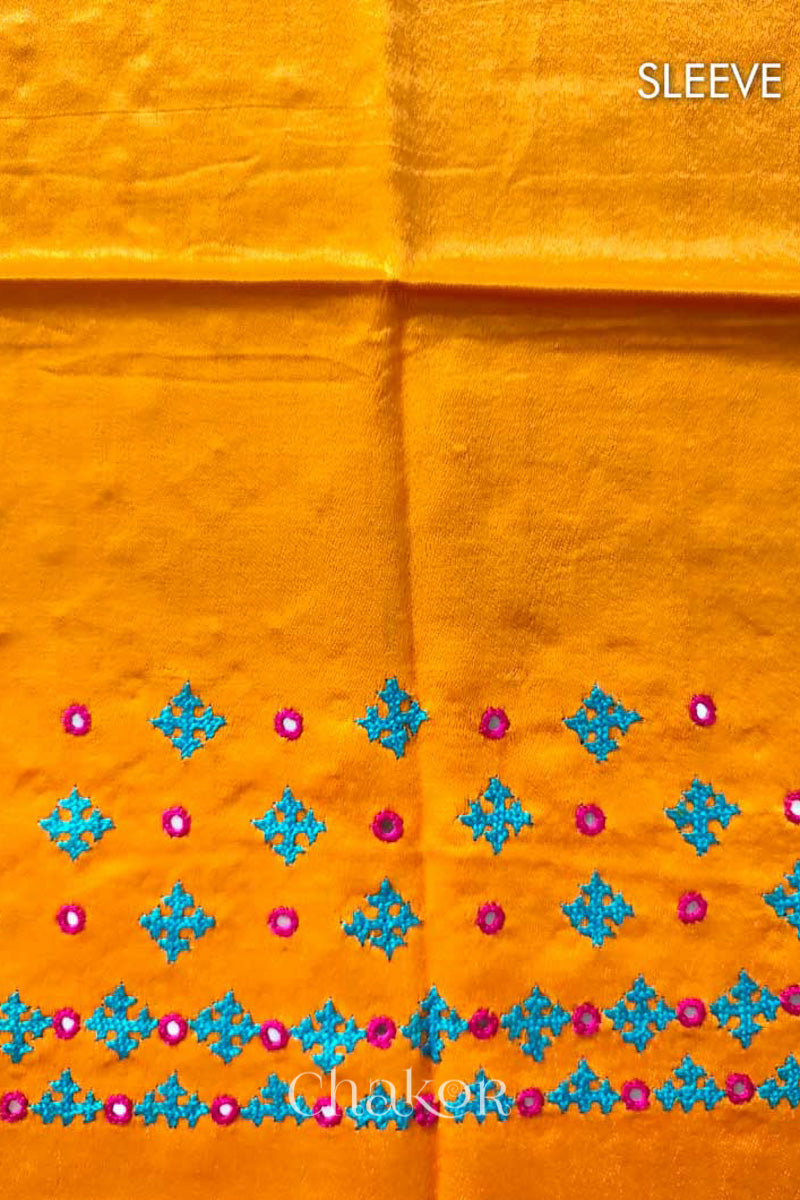 Yellow Mashru Embroidered Blouse Fabric