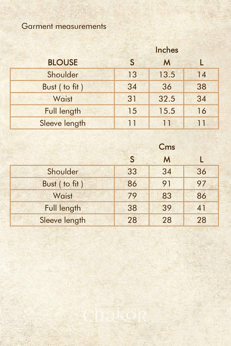 Size chart - handcrafted grey bandhani cotton blouse with intricate parrot motifs and boria buttons on front.