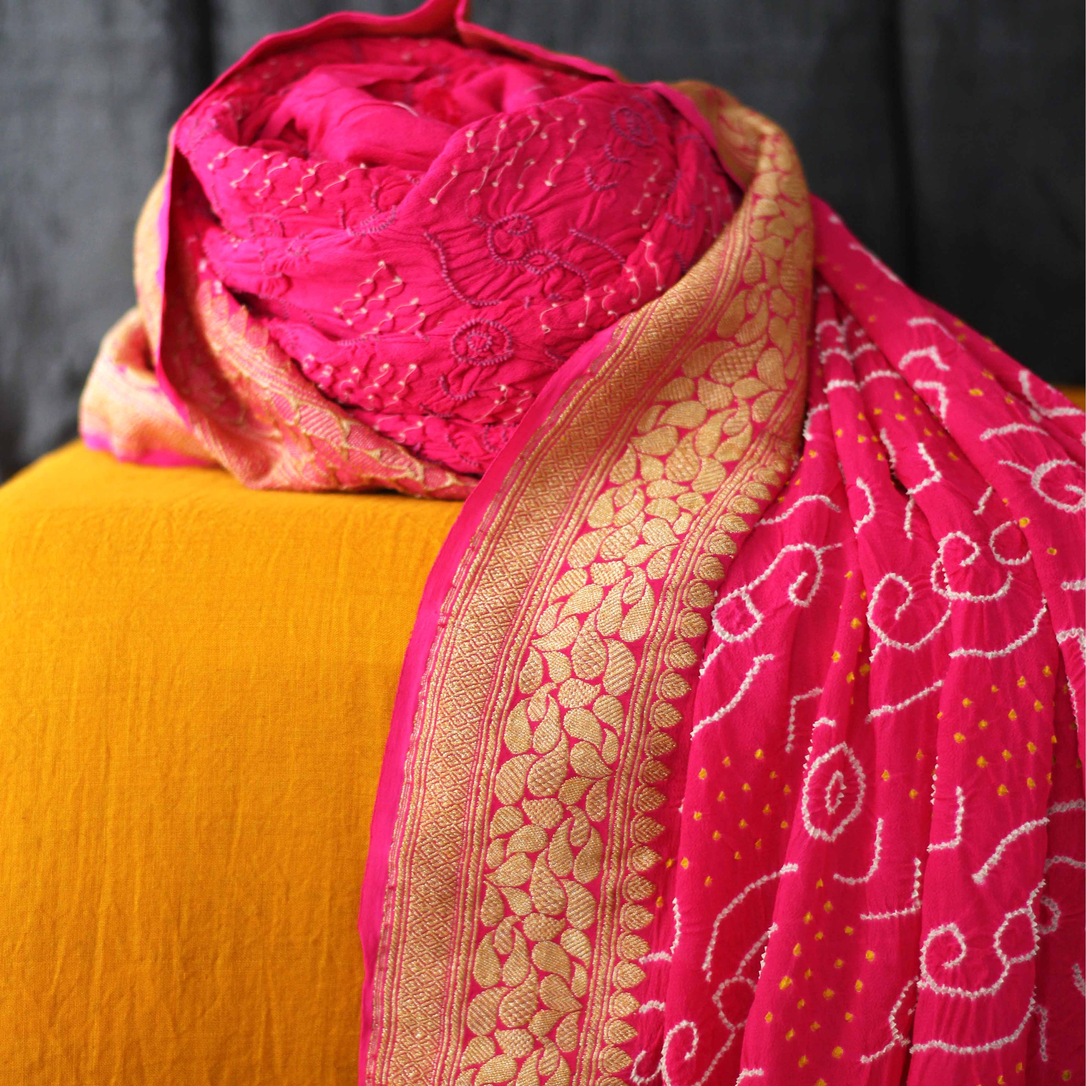 Bandhani Thread Shop Handcrafted Pink Grey Bandhani Cotton Kurta Fabric With Dupatta ...