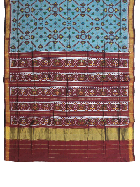Traditional patterned Patola Saree with teal blue, maroon colours and gold zari by Chakor.