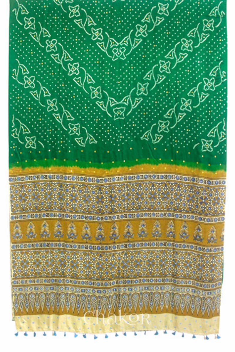 Chakor's traditional Green Bandhani Ajrakh saree with mirror embroidery 