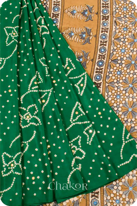 Chakor's traditional Green Bandhani Ajrakh saree with mirror embroidery 