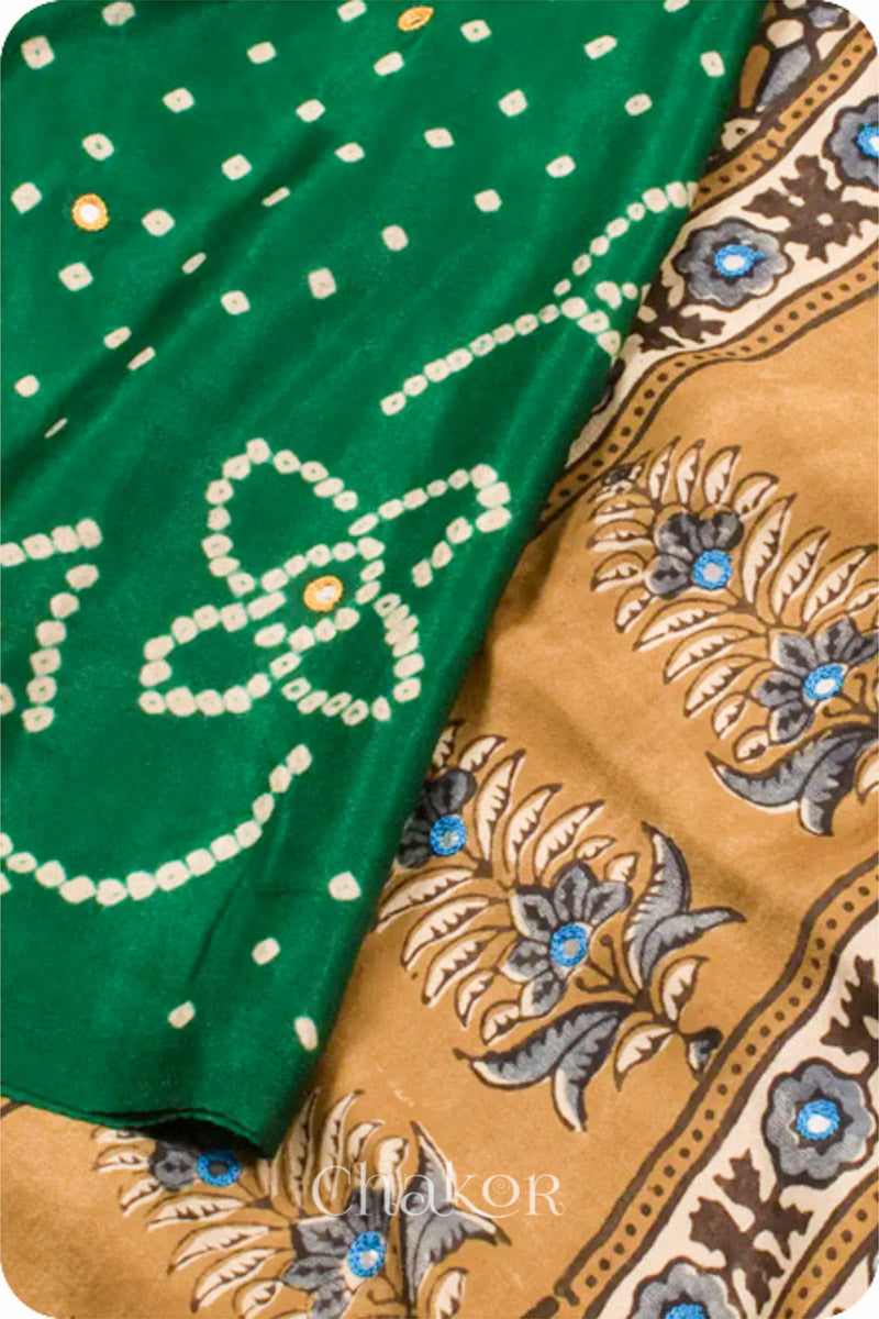 Chakor's traditional Green Bandhani Ajrakh saree with mirror embroidery 