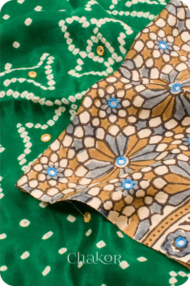 Chakor's traditional Green Bandhani Ajrakh saree with mirror embroidery 