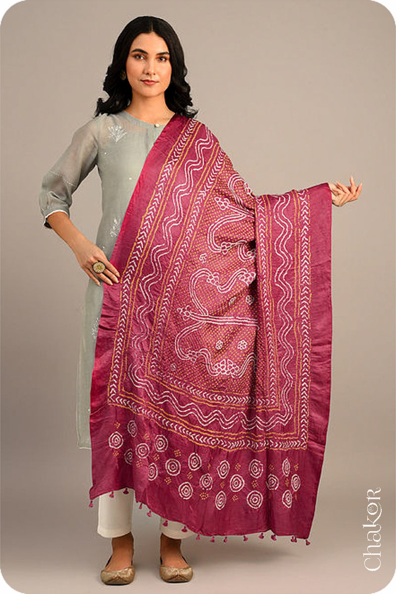 Dusty Red  Bandhani Gaji Silk Dupatta