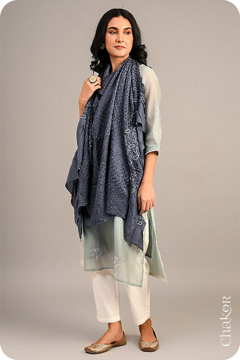 Grey Bandhani Mulberry Silk Dupatta